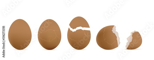 Cracked and whole eggs with brown shells realistic vector illustration isolated.