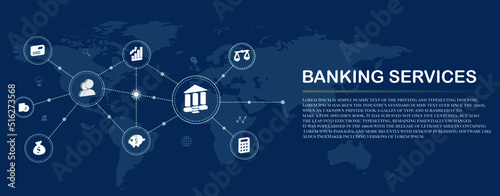 Icon of all banking services. Cash operations. Payment cards. Icon Set and Web Header Banner. Vector illustration