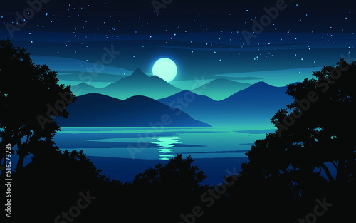 night landscape at lake with moon and stars