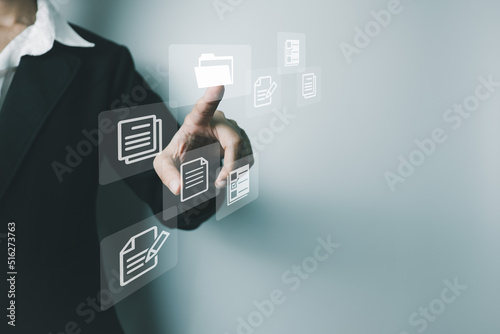 Document Management System DMS, Online document database management, Organization document Organized, automated processes to manage files, ERP enterprise efficient, business technology.