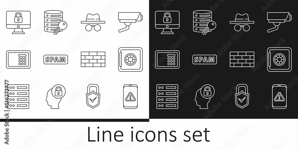 Set line Mobile with exclamation mark, Safe, Incognito mode, Spam, Lock computer monitor, Firewall, security wall and Server key icon. Vector