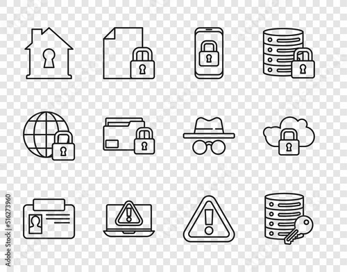Set line Identification badge, Server security with key, Mobile closed padlock, Laptop exclamation mark, House under protection, Folder and, Exclamation in triangle and Cloud computing icon. Vector