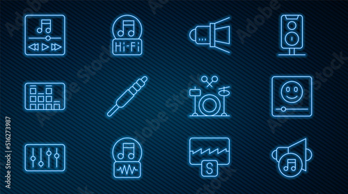 Set line Speaker volume, Music player, Movie spotlight, Audio jack, equalizer, Drums and note, tone icon. Vector