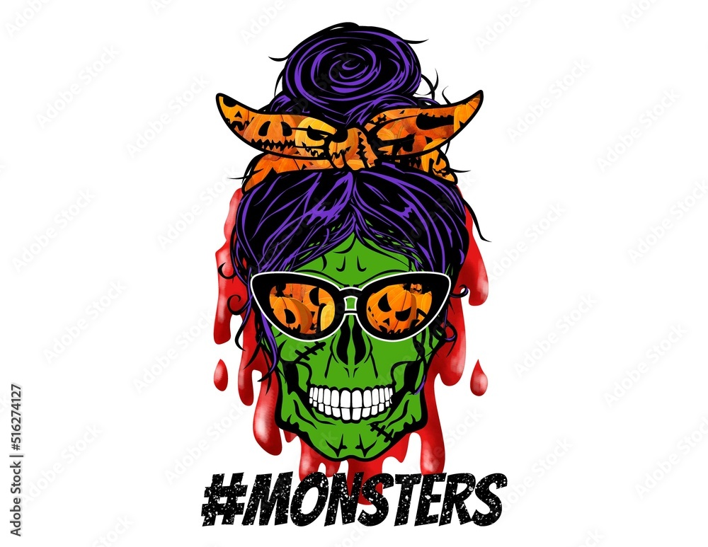 Fototapeta premium Mom of Monsters illustration, Mother Skull Halloween T-shirt, Mom of Skull, Mom Zombie