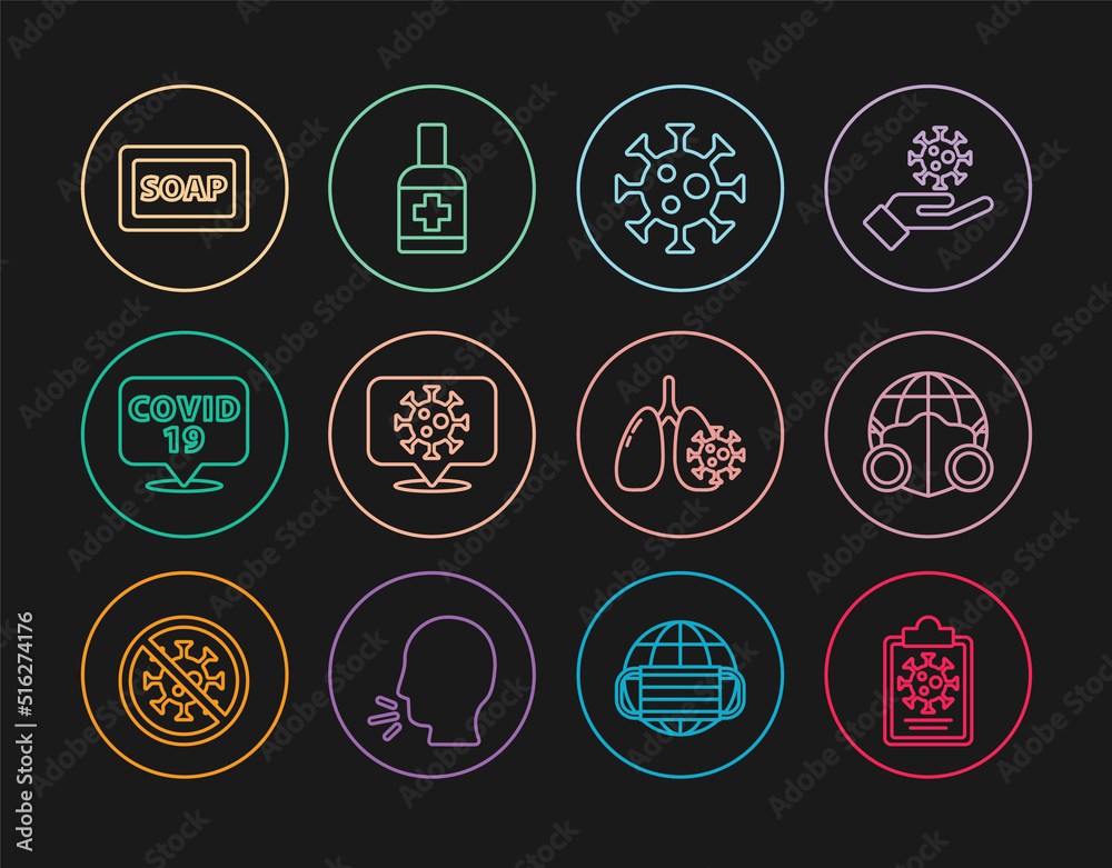 Set line Clipboard with blood test results, Earth medical mask, Virus, Corona virus on location, Bar of soap, cells in lung and Liquid antibacterial icon. Vector