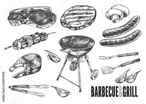 Barbecue and grill equipment set, hand drawn sketch vector illustration isolated on white background.