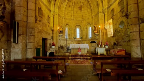 Interior view of San Pedro da Mezquita church, Ourense, dolly out, day photo