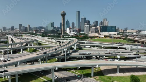 Metro Dallas Ft Worth region. Urban city skyline and traffic. Aerial descending pedestal shot.