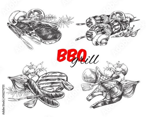 Set of different hand drawn dishes cooking on grill sketch style © sabelskaya
