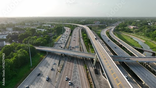 Southwest USA freeway highway traffic scene. American infrastructure. Aerial rising shot.