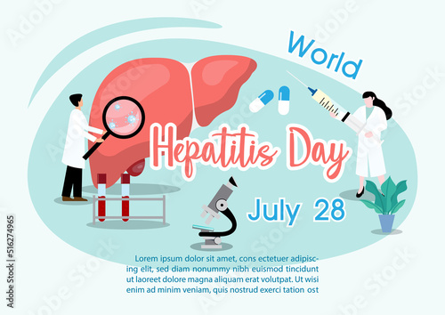 Concept of hepatitis A, B, C, D, and world hepatitis day campaign's poster with doctors treat the liver in flat style and vector design.