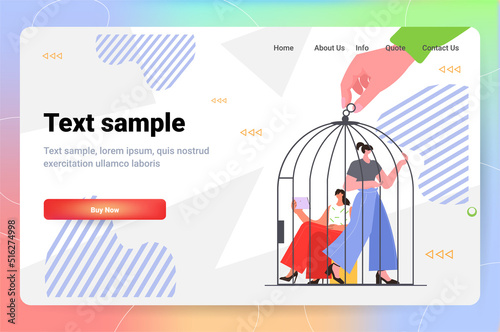 businesspeople working in birdcage human hand holding locked cage with business people without freedom
