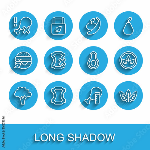 Set line Broccoli, Leather, No chicken leg, Genetically modified, Leaf, leather, Vegan food diet and Avocado fruit icon. Vector