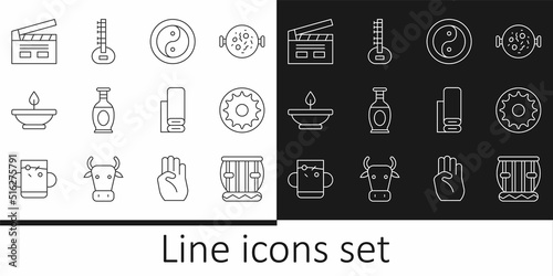 Set line Instrument tabla, Chakra, Yin Yang, Indian vase, Aroma lamp, Bollywood indian cinema, textile fabric and Sitar icon. Vector