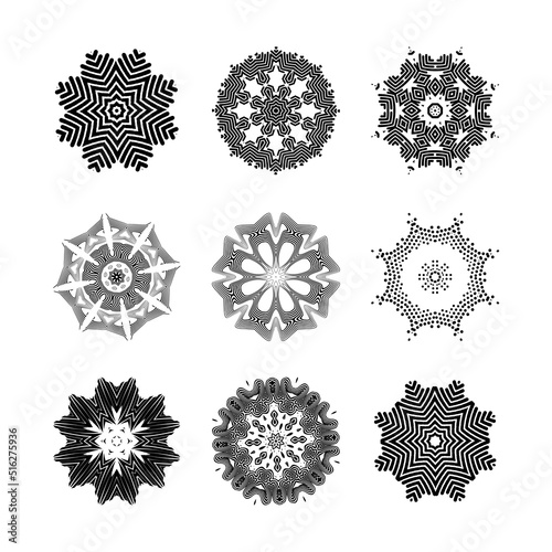 A large set of New Year's snowflakes, lights, salute elements and various decorative signs. Abstract fractal signs for design in vector. Circular decorative flares and lights on a white background.