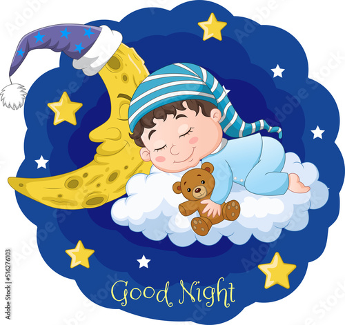 Cartoon baby sleeping with teddy bear and moon on the clouds