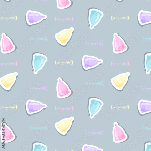 Seamless pattern with Menstrual Cup stickers, vector illustration, pop art style