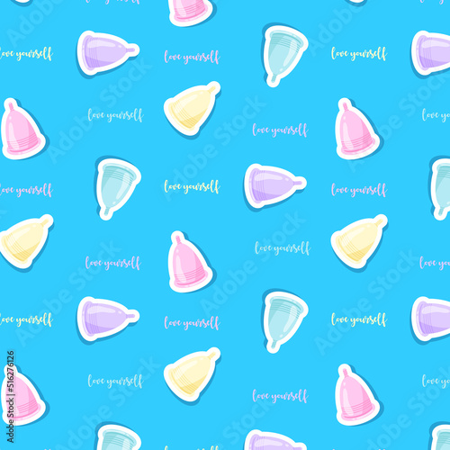 Seamless pattern with Menstrual Cup stickers, vector illustration, pop art style