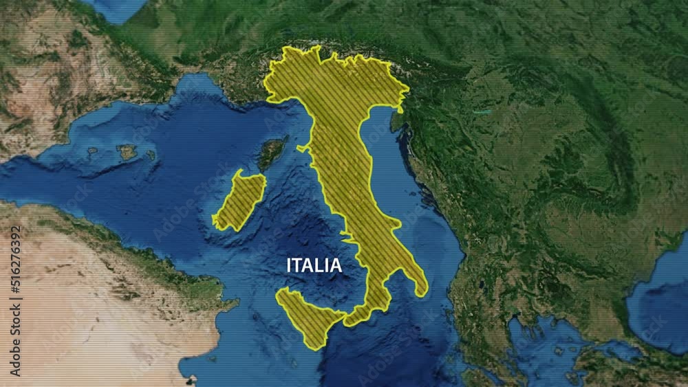 Drawing the borders of the state of Italy on the map. Approaching from outer space