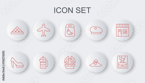 Set line Handbag, Woman shoe, Croissant package, Elegant women hat, Louvre museum, Plane, French press and Gargoyle on pedestal icon. Vector