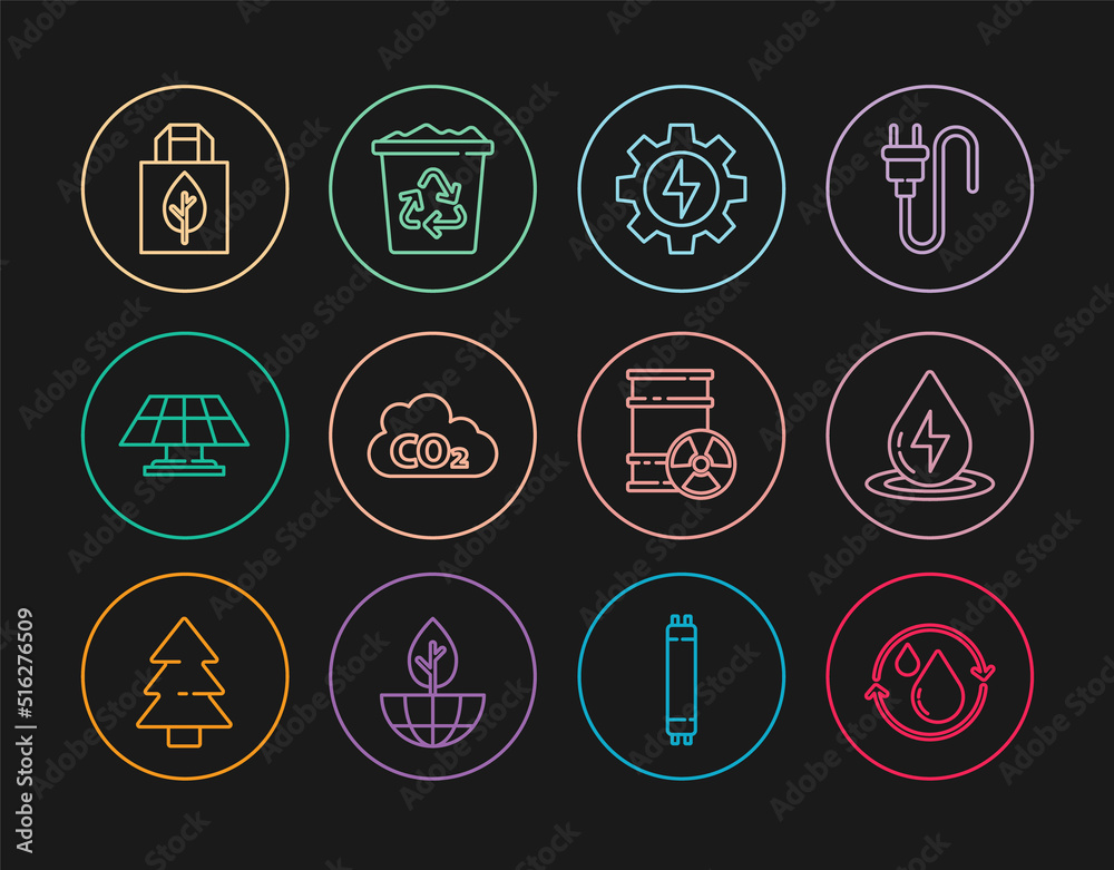 Set line Recycle clean aqua, Water energy, Gear and lightning, CO2 emissions cloud, Solar panel, Shopping bag with recycle, Radioactive waste barrel and bin icon. Vector
