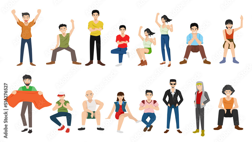 Cartoon character style of teenage person visitors and supporters. Personalities both sitting and standing in different poses in different outfits. layering on isolated white background.
