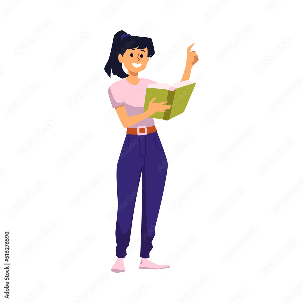 Young woman with green book explains topic flat style, vector illustration Young woman with green book explains topic flat style, vector illustration