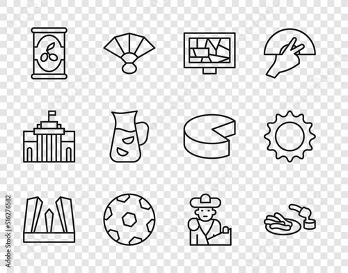 Set line Gate of Europe, Churros and chocolate, Picture art, Football ball, Olives in can, Sangria, Bullfight, matador and Sun icon. Vector