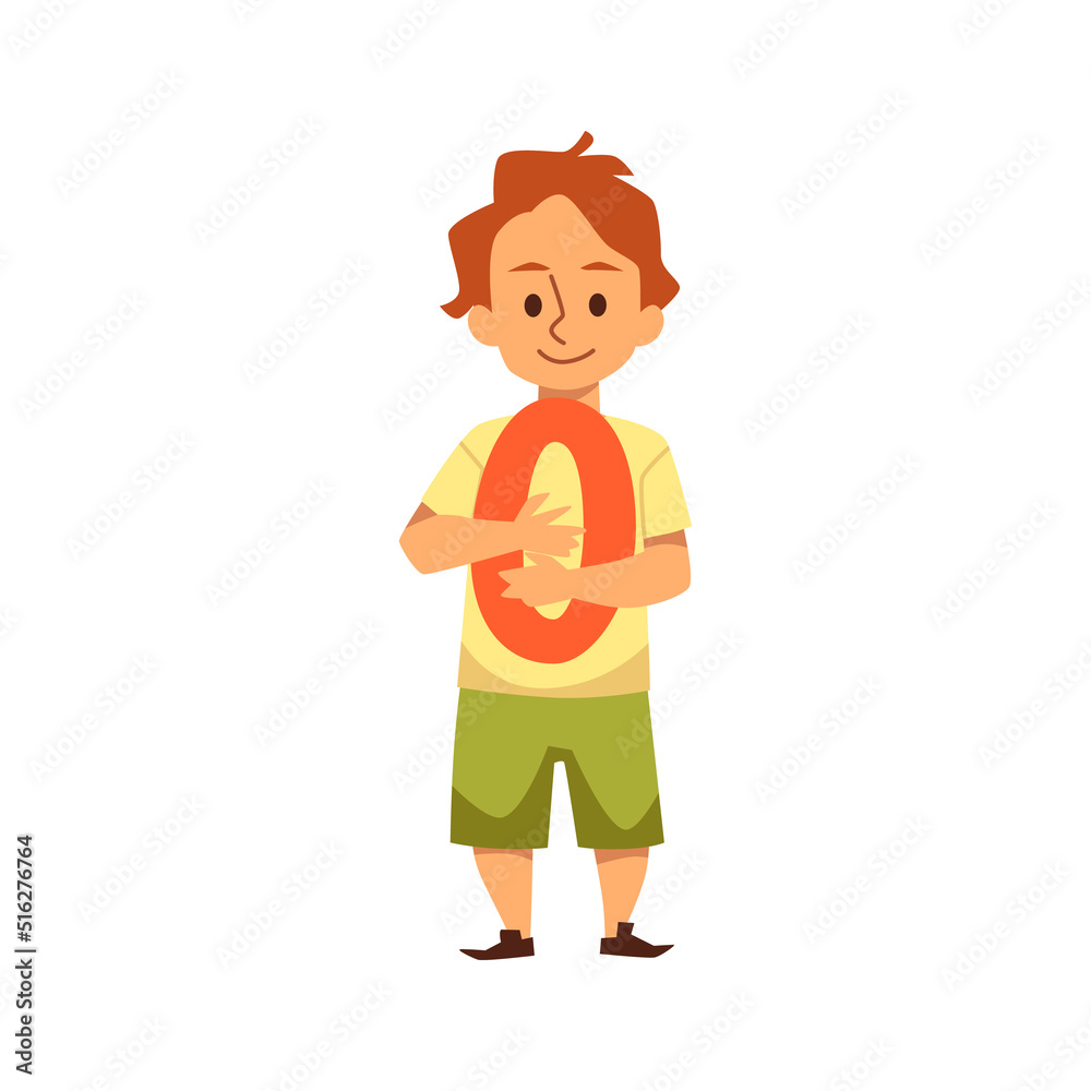 Cute smiling bot hugs orange number zero flat style, vector illustration Cute smiling bot hugs orange number zero flat style, vector illustration