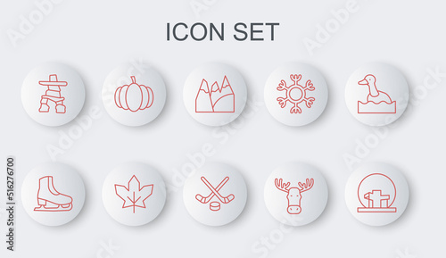 Set line Montreal Biosphere, Skates, Mountains, Moose head with horns, Inukshuk, Pumpkin, Canadian maple leaf and Ice hockey sticks and puck icon. Vector