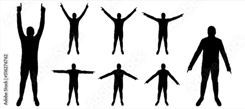 A guy in a tracksuit, and sports shoes. People do physical exercises. The man raises his arms up to the sides. Fitness. Group sports. Full face. Eight black male silhouettes isolated on white