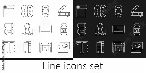 Set line Business card, Printer ink bottle, Paint bucket, Binder clip, Carton cardboard box, Roll of paper, and CMYK color mixing icon. Vector