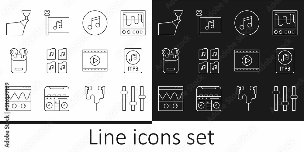 Set line Music equalizer, MP3 file document, note, tone, Air headphones in box, Movie spotlight, Online play video and festival flag icon. Vector