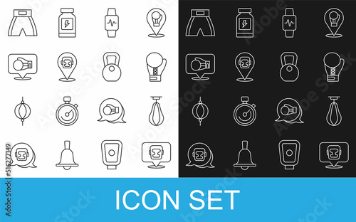 Set line Boxing helmet, Punching bag, glove, Smart watch with heart, short and Weight icon. Vector