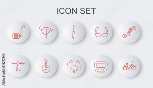 Set line Bicycle, handlebar, Screwdriver, speedometer, pedal, seat, Unicycle or one wheel bicycle and helmet icon. Vector
