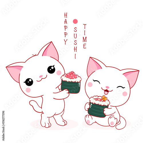 Two cute white cats with maki rolls. Inscription Happy sushi time. Kawaii little kitties are happy to eat sushi. Vector illustration EPS8