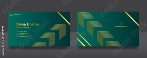 Luxury green Business card design template with gold Art Deco geometric lines (VIP Gift Card). Dark background with modern triangle lines