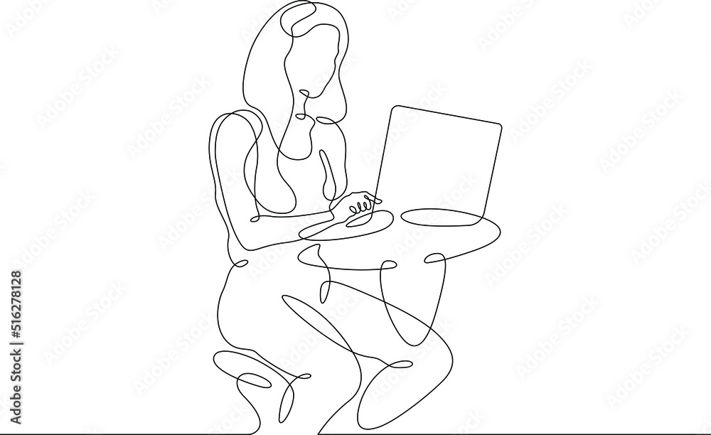 One continuous line. The woman works at the computer. A female character sits at a laptop. Work with mobile Internet.One continuous line is drawn on a white background.