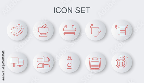 Set line Aftershave, Sauna wood bench, bucket, Bathroom scales, sponge, Mortar and pestle, slippers and Spray can for hairspray icon. Vector