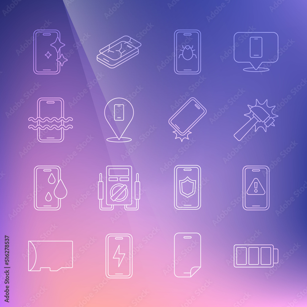 Set line Battery, Mobile with exclamation mark, Hammer, System bug mobile, Phone repair service, Waterproof phone, Glass screen protector and Shockproof icon. Vector Set line Battery, Mobile with exclamation mark, Hammer, System bug mobile, Phone repair service, Waterproof phone, Glass screen protector and Shockproof icon. Vector