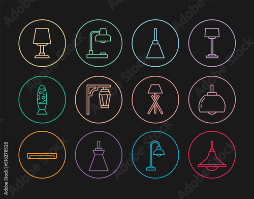 Set line Chandelier, Vintage street light, Floor lamp, Table, and icon. Vector