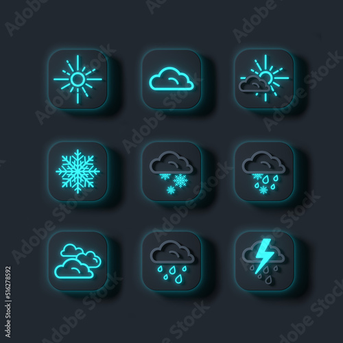 A set of 3d rendering meteorology icons in black on a black background.