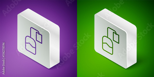 Isometric line Tea bag icon isolated on purple and green background. Silver square button. Vector