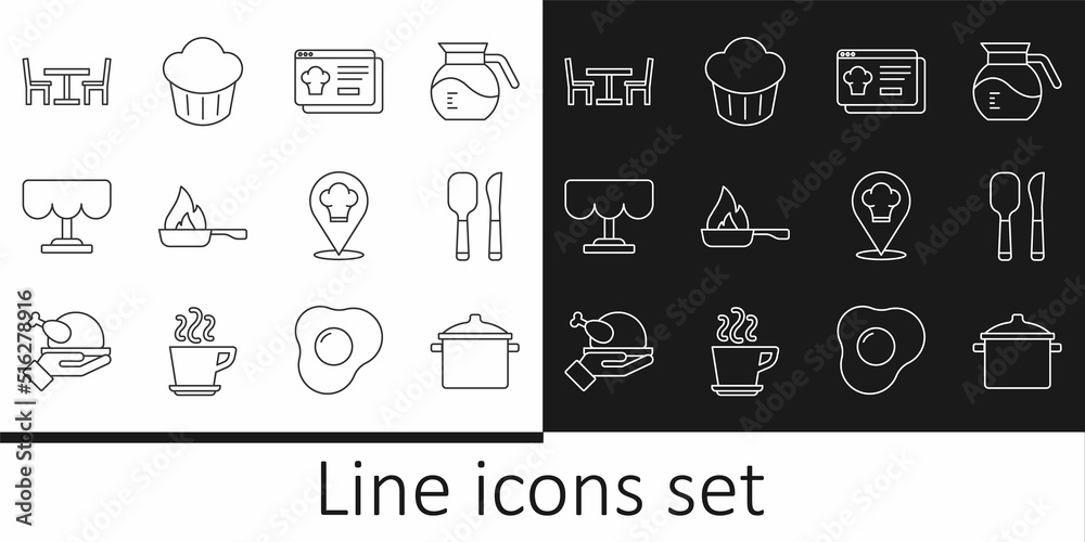 Set line Cooking pot, Knife and spoon, Online ordering delivery, Frying pan, Wooden table, with chair, Chef hat location and Cupcake icon. Vector