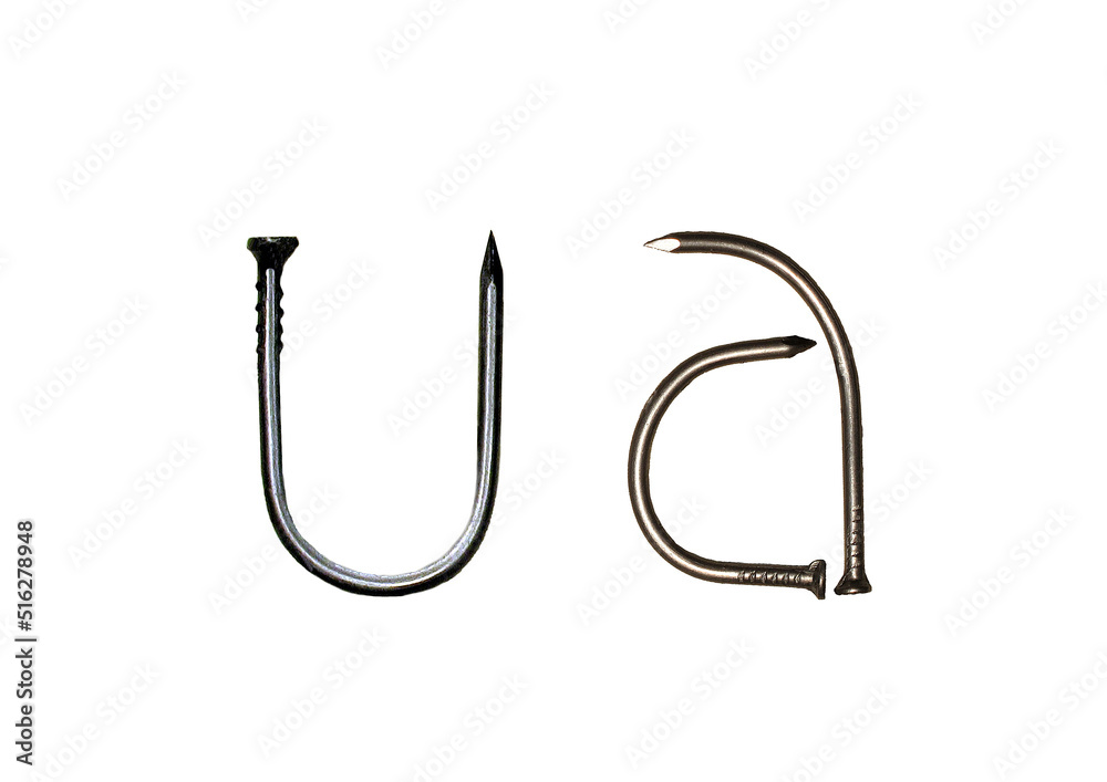 The two-letter code of Ukraine (UA) made of iron nails on a white background.