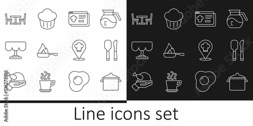 Set line Cooking pot, Knife and spoon, Online ordering delivery, Frying pan, Wooden table, with chair, Chef hat location and Cupcake icon. Vector