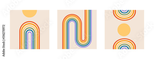 Trendy abstract set of wall art square poster and aesthetic backgrounds with sun and rainbow. Mid century decor print 60s 70s style. Retro vector design for social media, blog post, interior design.