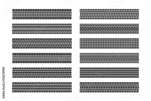 Auto tire tread seamless elements. Car tire patterns, wheel tyre tread track. Tyre print. Set of vector illustrations isolated on white background.