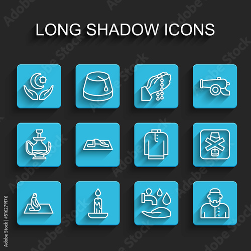 Set line Muslim man prays, Burning candle, Star crescent, Wudhu, No alcohol and Shirt kurta icon. Vector