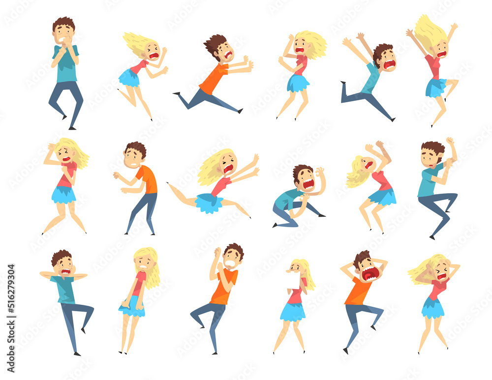 Scared and Frightened People Characters Screaming and Escaping Afraid of Something Big Vector Set